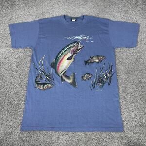 Vintage Habitat Rainbow Trout Shirt Mens Large Blue Fishing Graphic 90s USA
